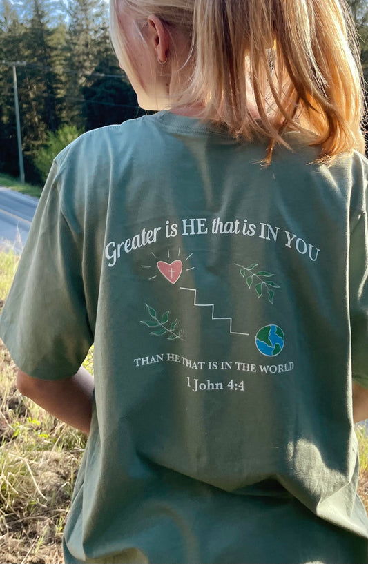 GREATER IS HE TEE (FRONT EMBROIDERY)